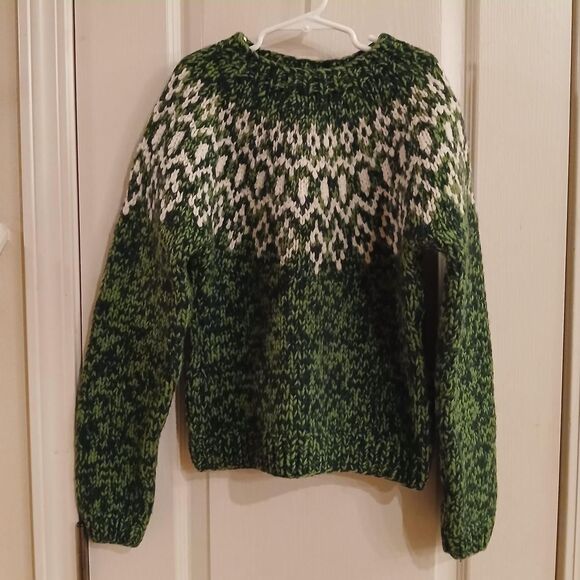 Vintage American Eagle green/white hand-knit Fair Isle 100% lambswool sweater S - Picture 2 of 4